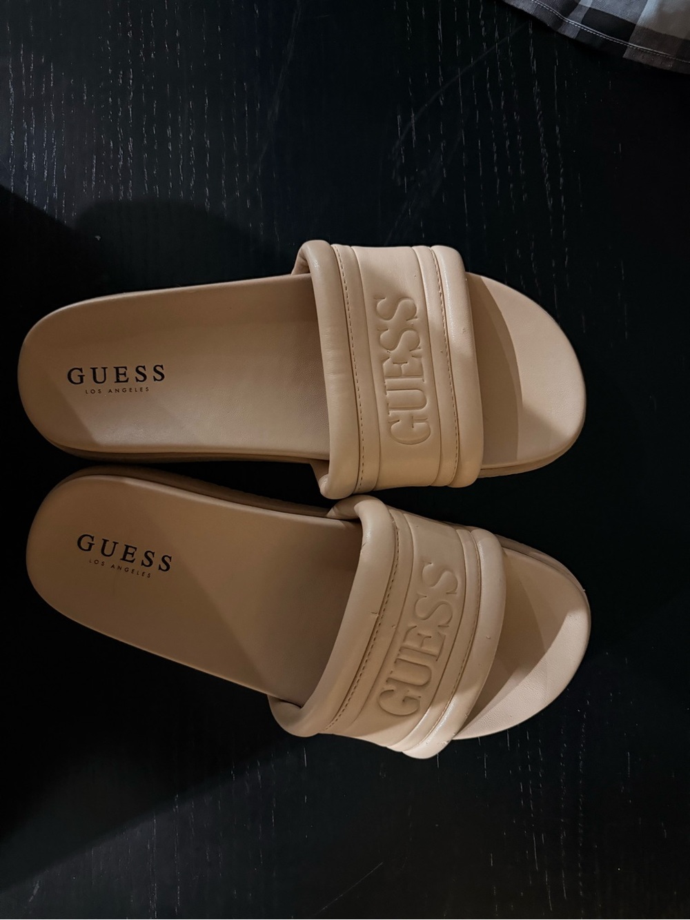 GUESS Women's Beige Slide Sandals with Embossed Logo